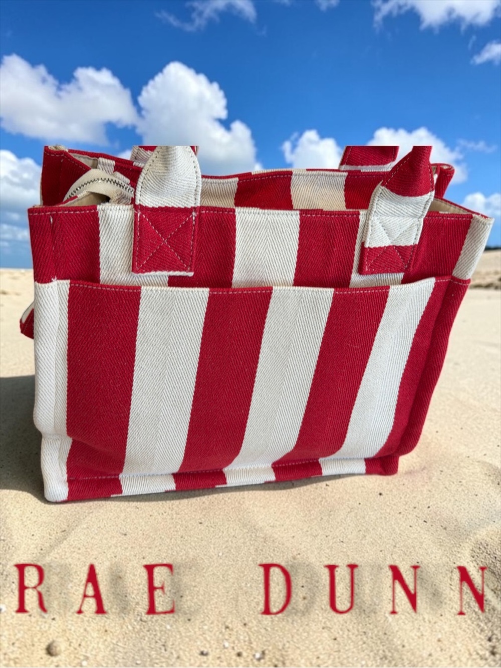 NWT Rae Dunn "Bonjour" 3-Piece Canvas Tote Bag Set – Red & White Stripes - Picture 6 of 9